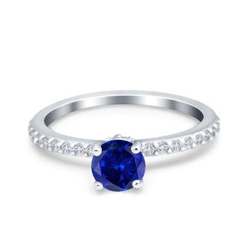 Art Deco Wedding Engagement Ring Accent Vintage Bridal Ring Round Simulated Blue Sapphire CZ 925 Sterling Silver